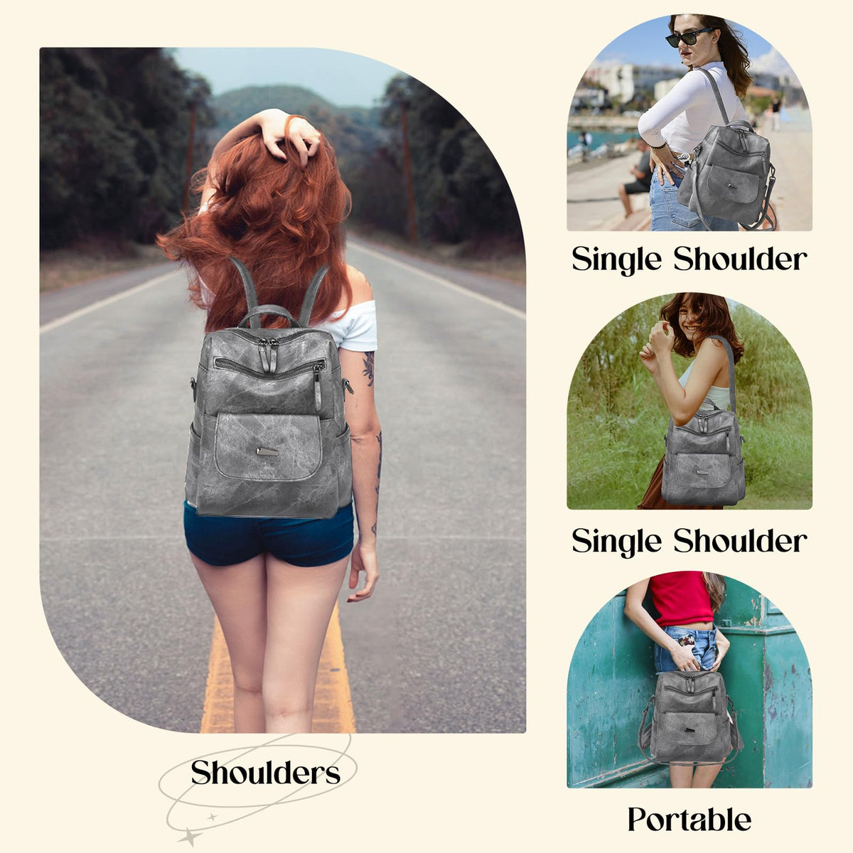 Backpack Purse for Women, PU Leather Ladies Backpack, Grey