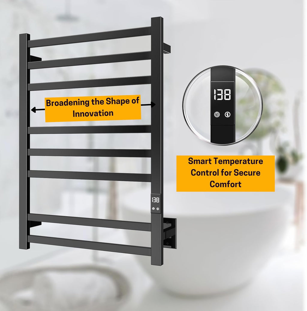 Heated Towel Rack, 8-Bar Wall Mount, Matte Black Stainless Steel | 304 stainless steel, 115-155°F adjustable, 1-24H