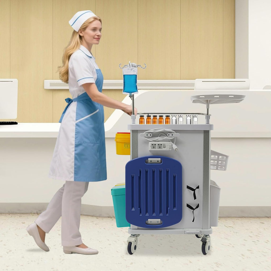 Medical Rolling Crash Cart with 5 Drawers, ABS & Aluminum, 176 lbs Capacity, Includes CPR Board, IV Pole & Power