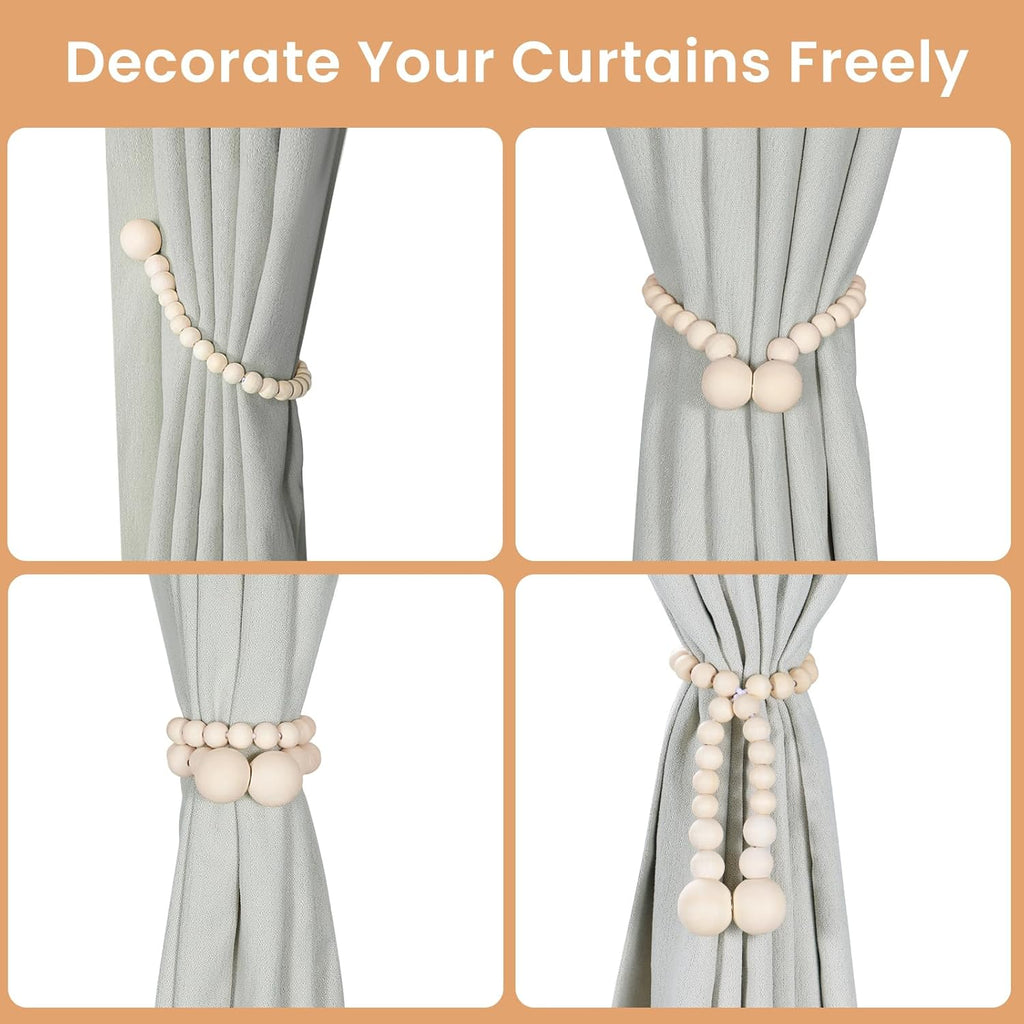 Magnetic Curtain Tiebacks, Curtain Holdbacks for Curtains 2 Pack, Wood Bead Curtain Holders for Boho Bedroom Decor