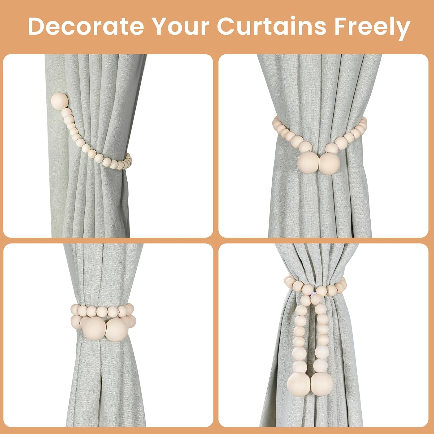 Magnetic Curtain Tiebacks, Curtain Holdbacks for Curtains 2 Pack, Wood Bead Curtain Holders for Boho Bedroom Decor