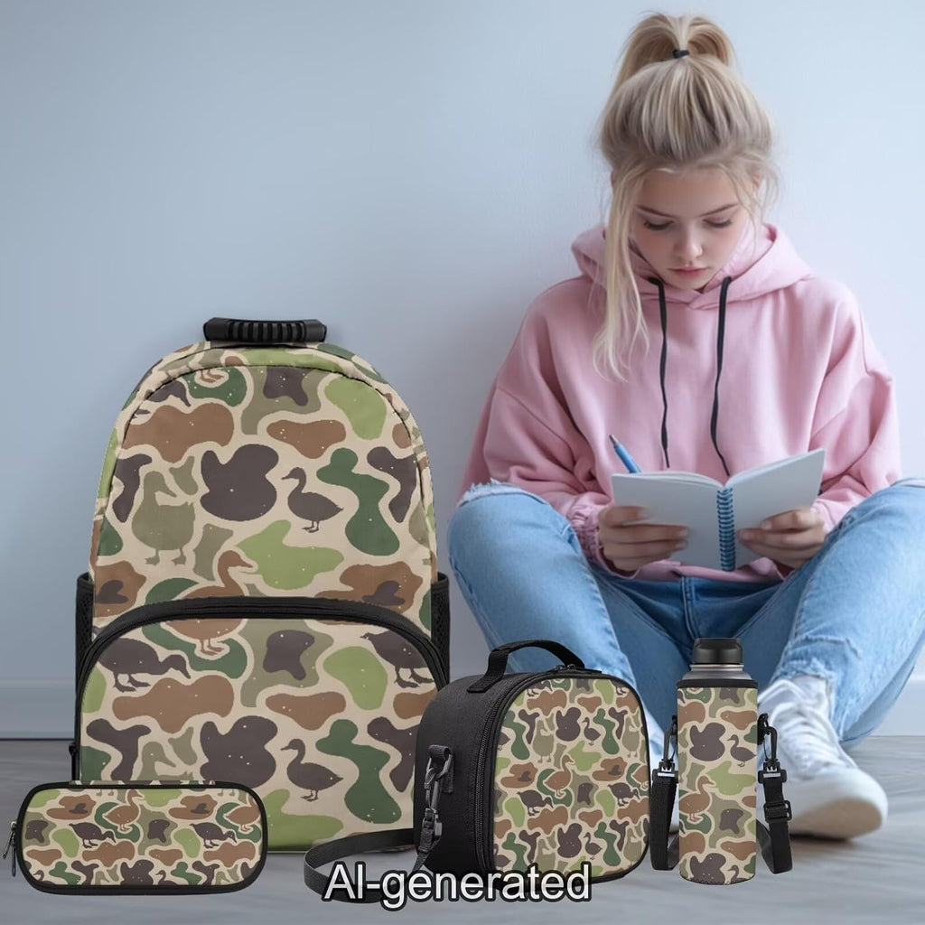 Duck Camo Backpack for School Boys 8-12 with Lunch Box, Pencil Case and Water Bottle Sleeve, 4-Piece 17 Inch