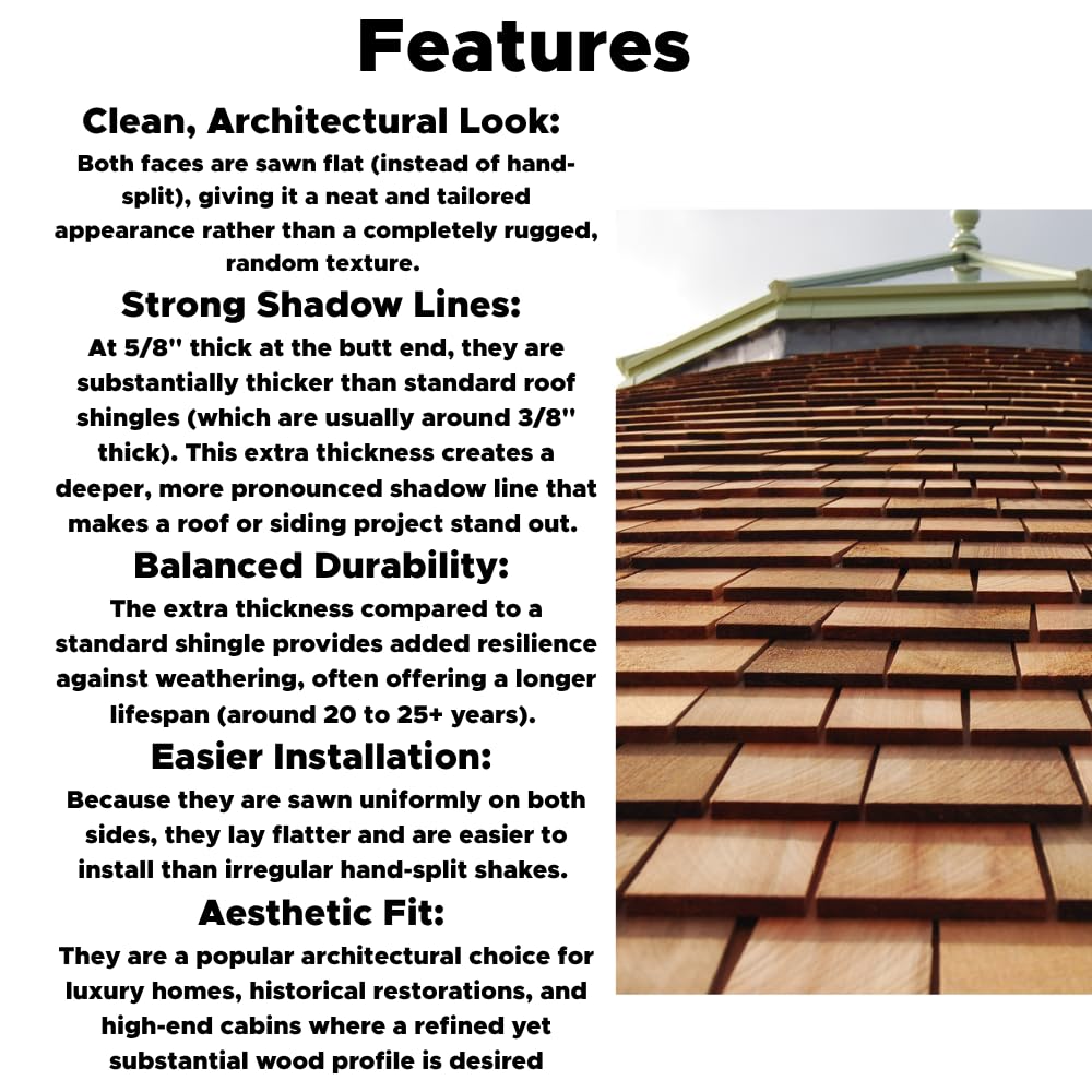 18" Tapersawn Western Red Cedar Shingles - 5/8" Thick Butt Edge - Premium Roofing & Siding Shingles - Durable Cedar