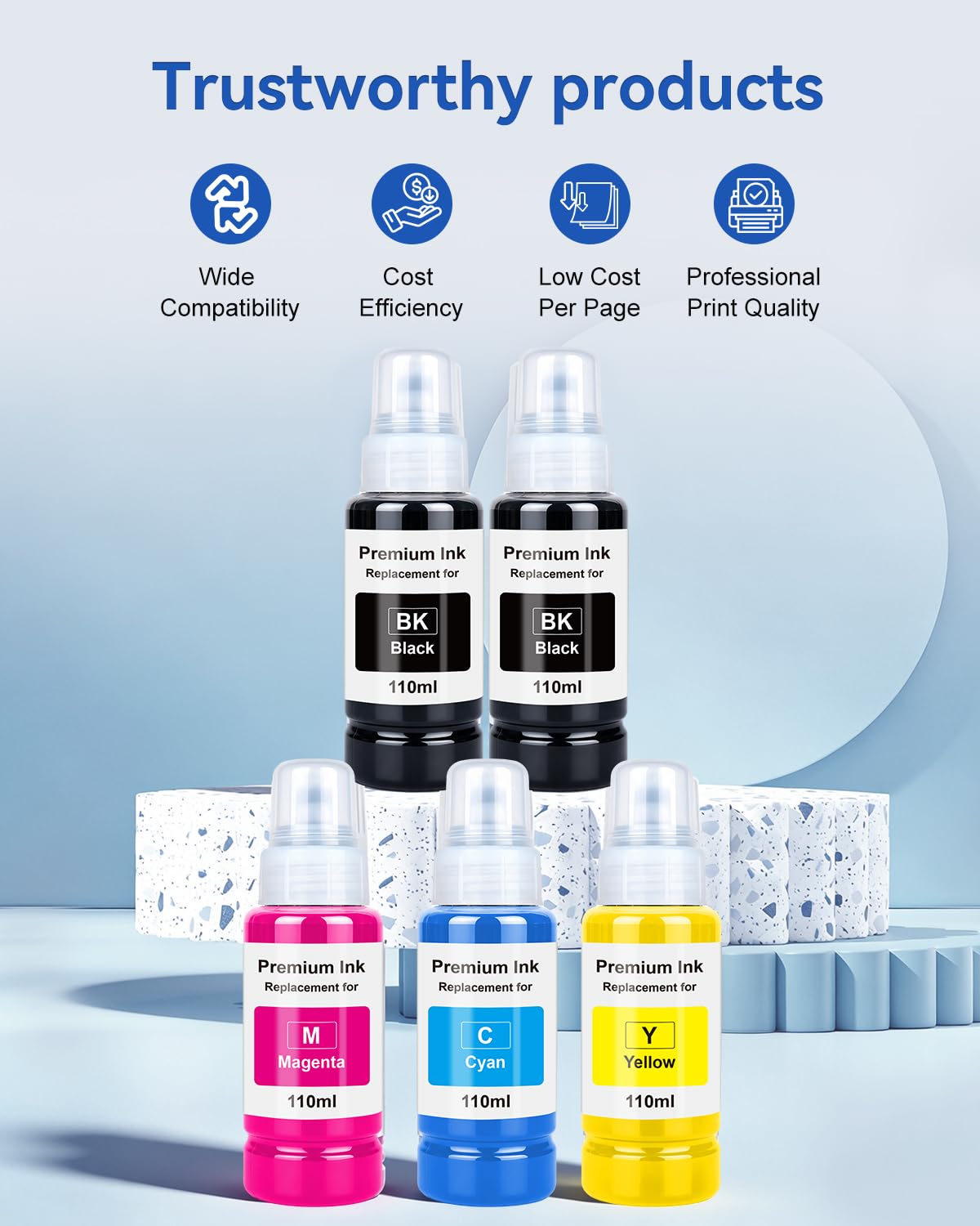 Compatible Ink Bottle Replacement for Epson 522 Ink, 5 Bottles
