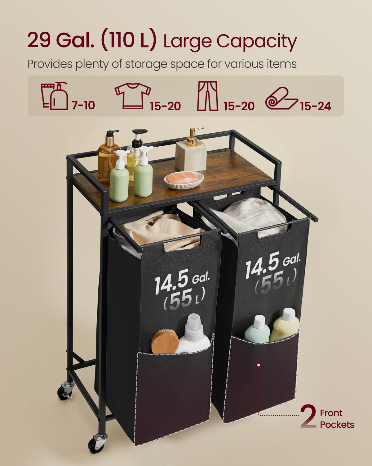 Laundry Sorter 2 Section, Rolling Cart with Shelf 29 Gal. (110 L)