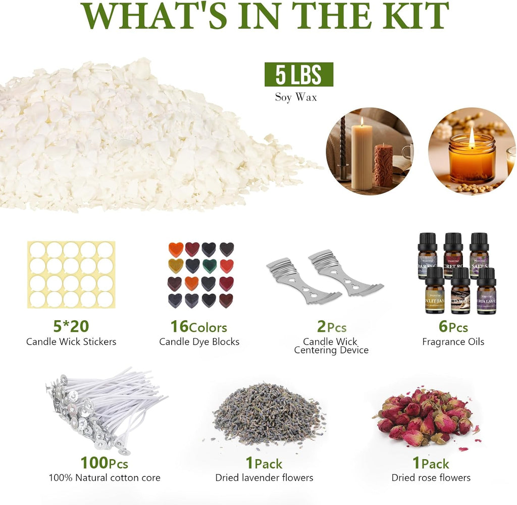 Soy Candle Wax Kit for Candle Making 5 lbs Bag, Premium Natural Soy Wax Flakes, No additives and Pure, 100 Cotton
