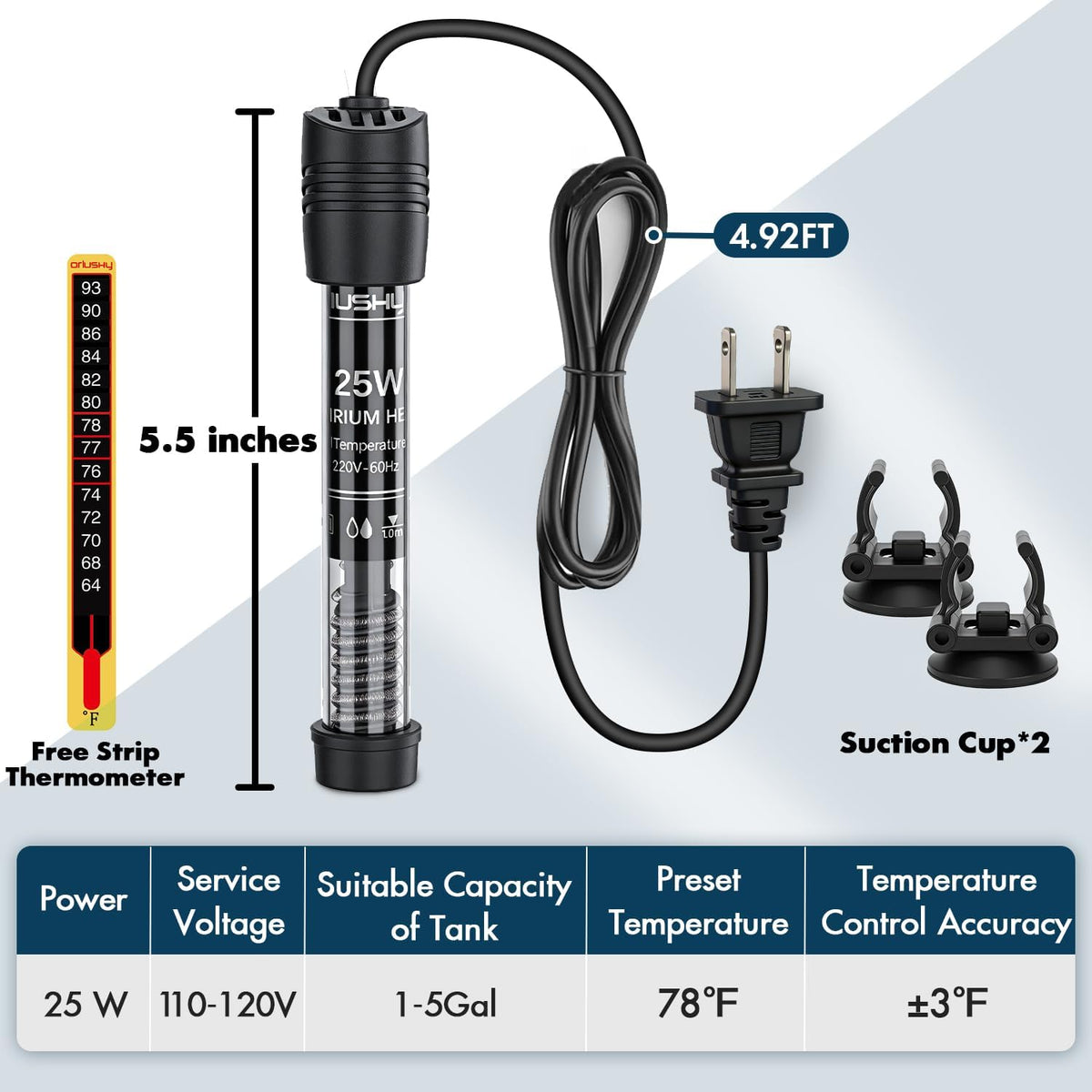 Submersible Aquarium Heater, Adjustable Fish Tahk Heater with Free Thermometer Suitable for Marine Saltwater and