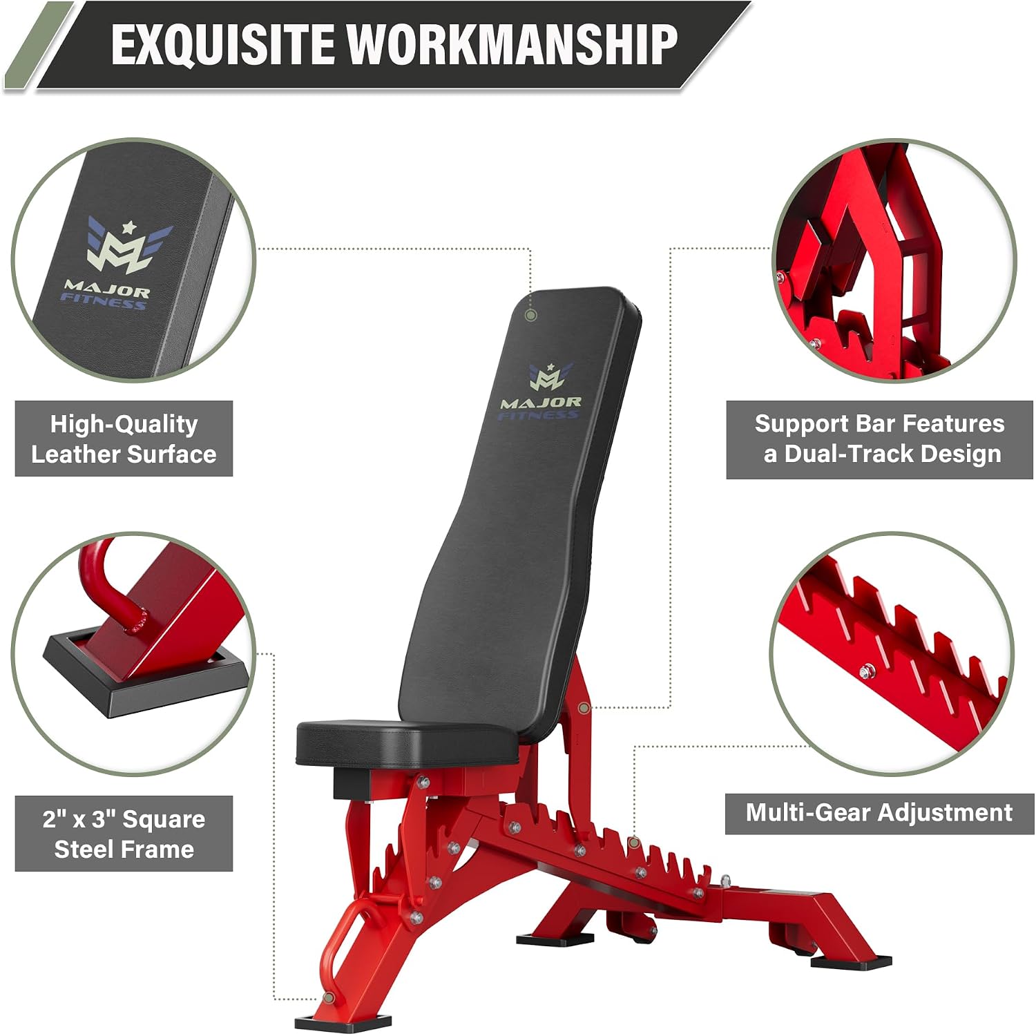 MAJOR FITNESS Weight Bench - 1300LBS Weight Capacity and 36 Adjustable Positions Strength Training Bench for Garage