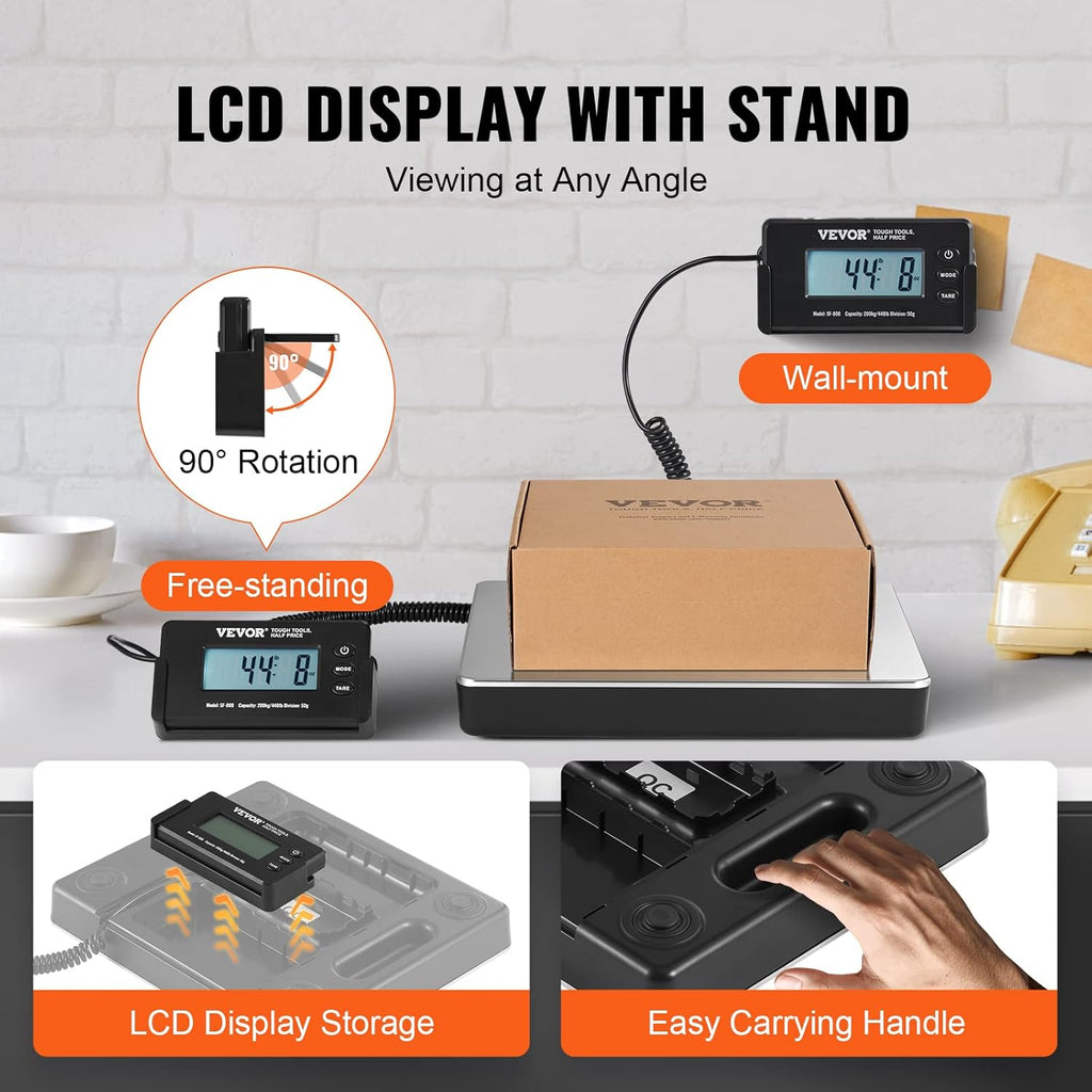 Digital Shipping Scale, 440 lbs x 1.7 oz. Heavy Duty Postal Scale with Timer, Tare Function, HD LCD Screen Portable