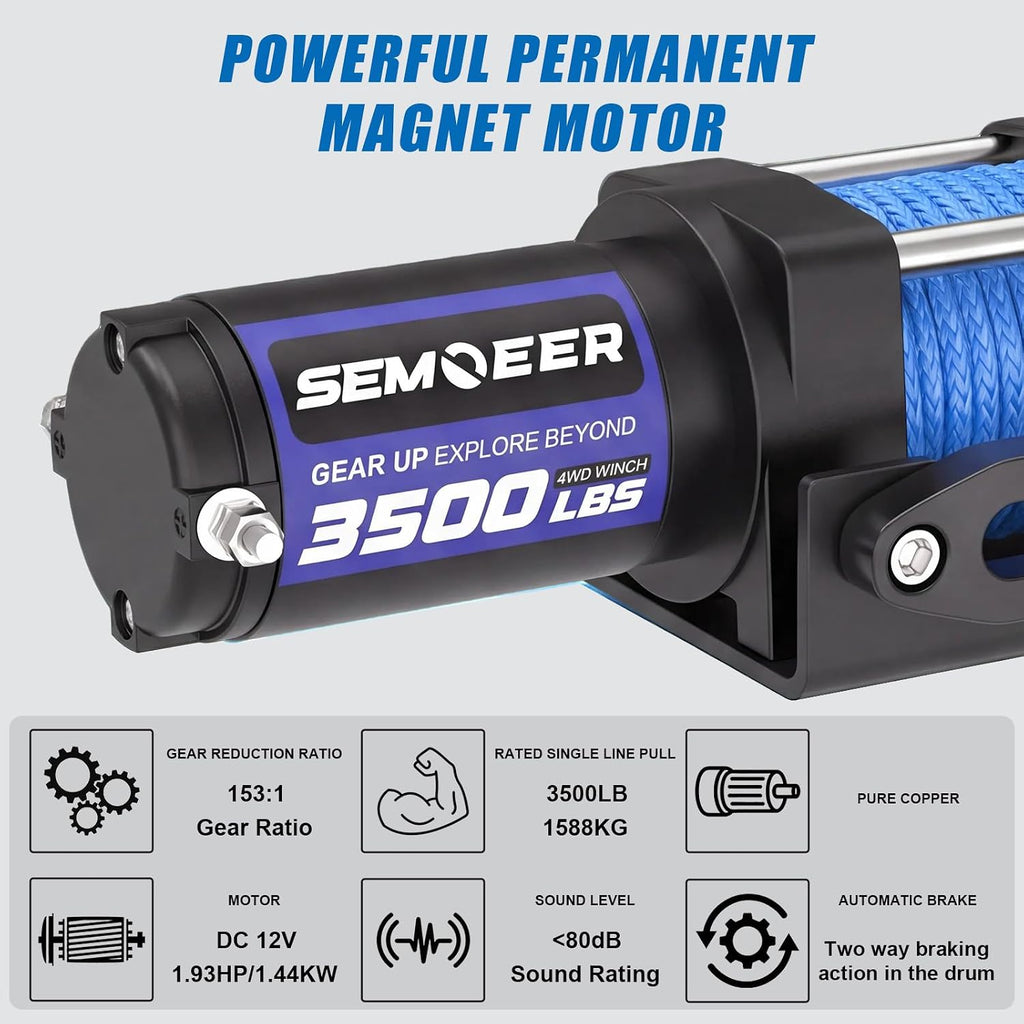 New 3500 lbs ATV Winch with Synthetic Rope & Wired Remote