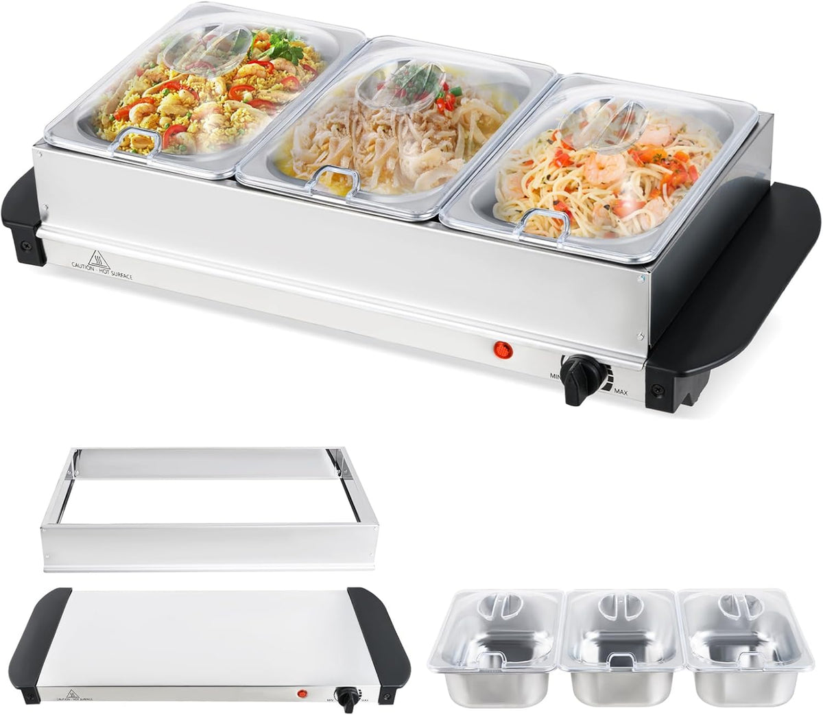 Electric Buffet Server & Warming Tray, 3 Stainless Steel Pans with Lids, Adjustable Temperature, Dishwasher Safe