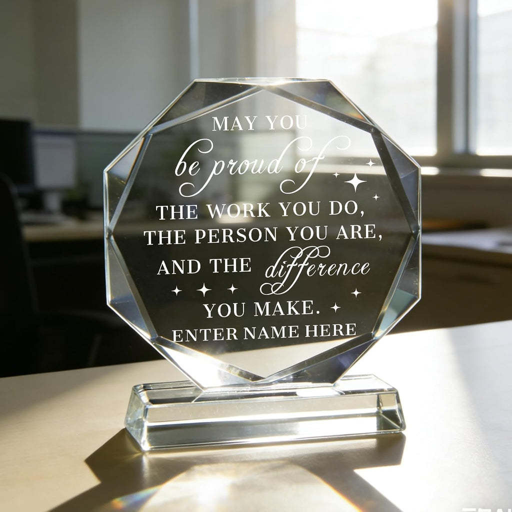SHIP NEXT DAY, Personalized Crystal Award Trophy - Custom with Company Logo Text & Employee Name, Engraved Award for