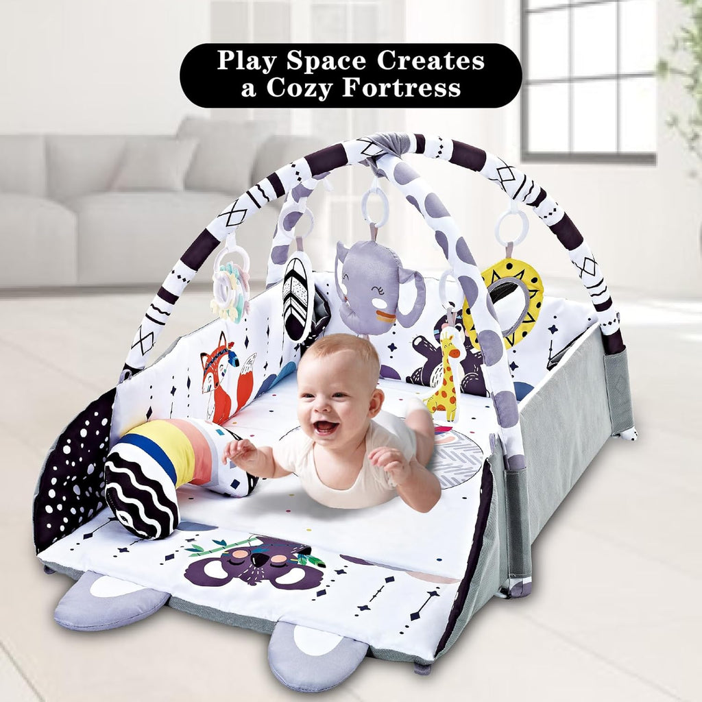 Baby Gym Play Mat, 8-in-1 Tummy Time Mat & Activity Gym, Washable Ball Pit, Infant Play Mat with Detachable Toys for