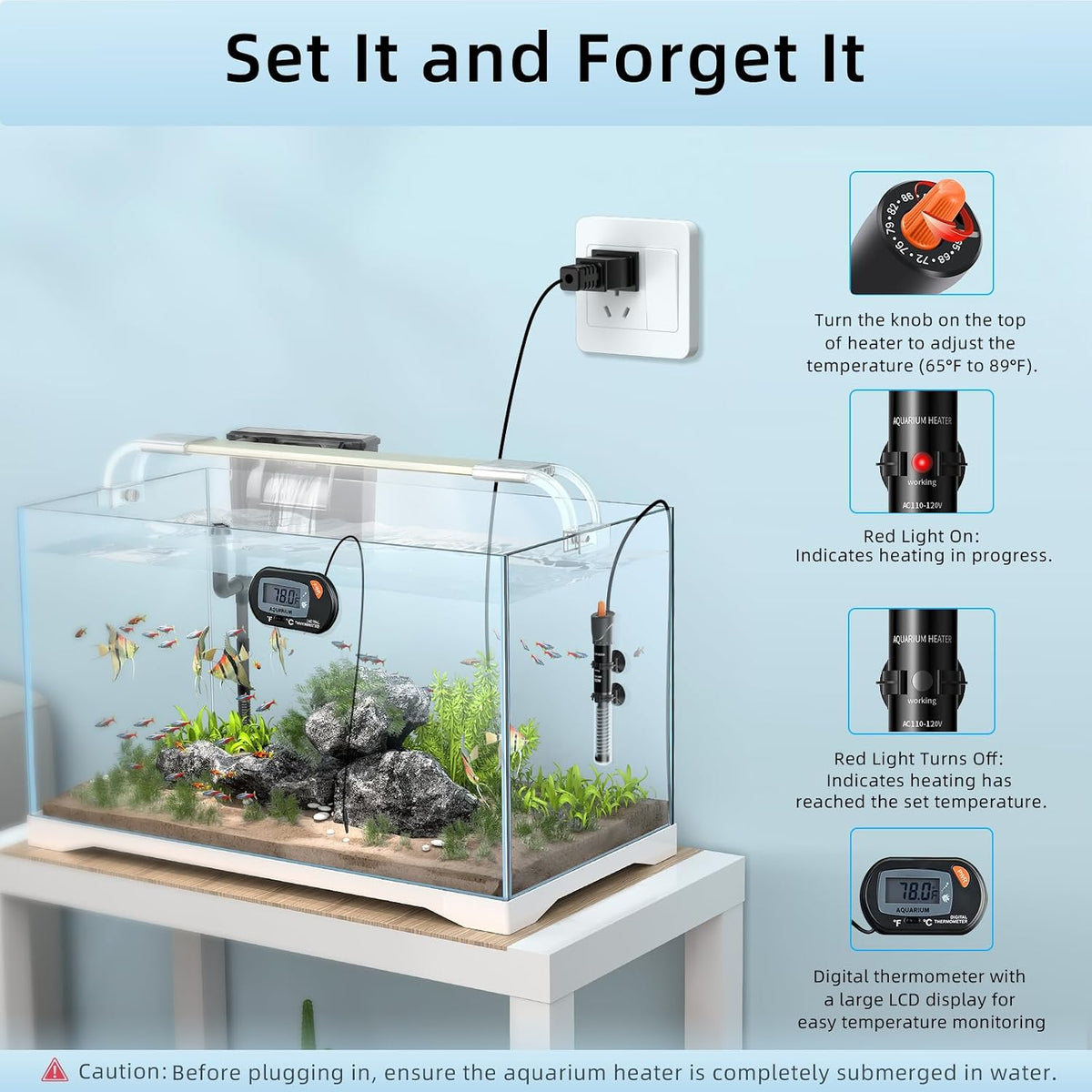 Aquarium Heater 25W/50W/100W/200W/300W, Adjustable Knob Fish Tank Heater with Digital Thermometer, Submersible