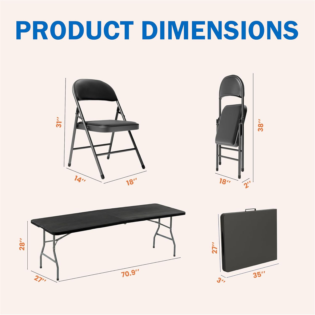 Folding Dining Table Set, 6FT Foldable Plastic Table with Carrying Handle & 6 PU Leather Padded Folding Chairs