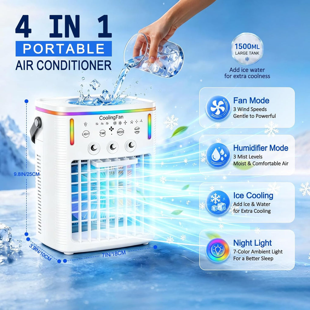 2026 New 4-in-1 Portable Air Conditioners, Portable AC for Car, Ac Unit with 1500ML Water Tank, 3 Modes & 3 Speeds