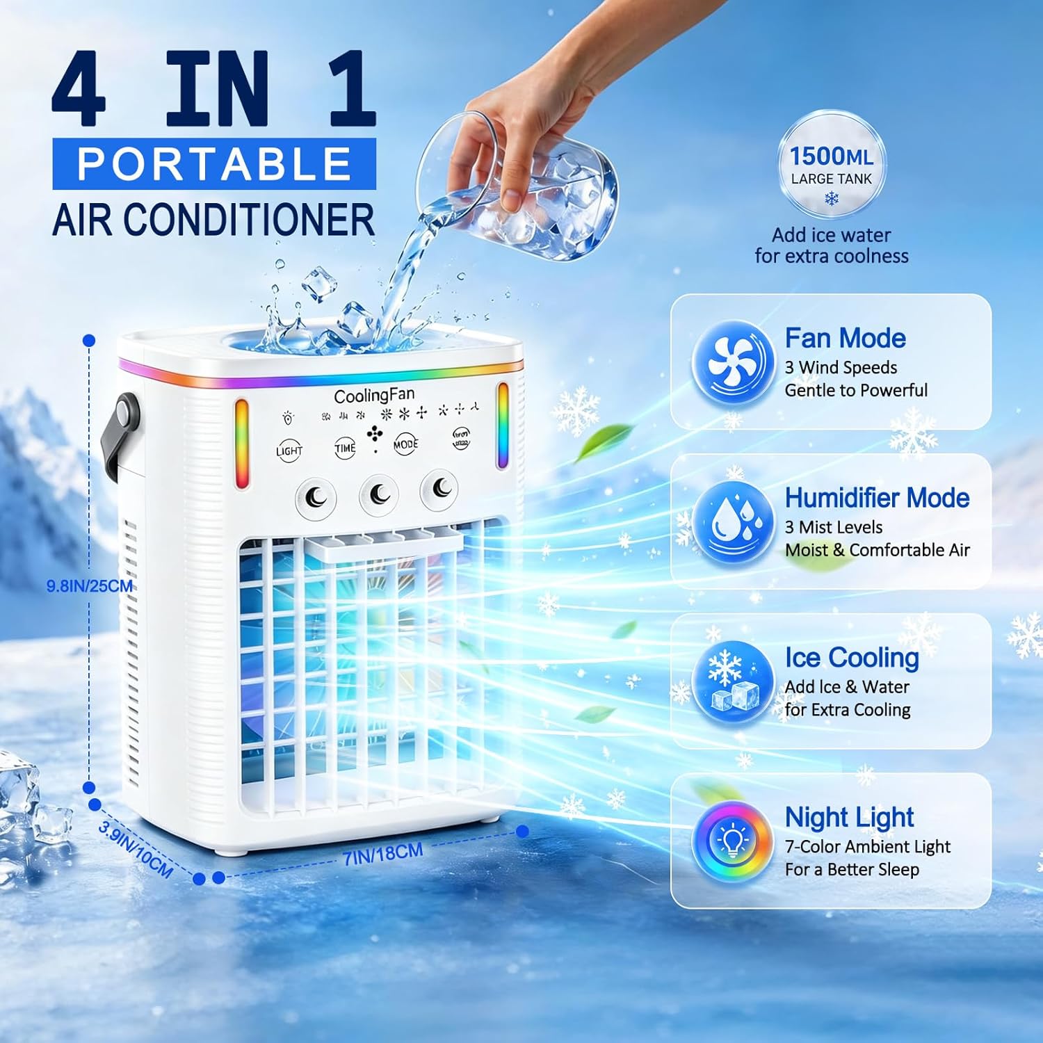 2026 New 4-in-1 Portable Air Conditioners, Portable AC for Car, Ac Unit with 1500ML Water Tank, 3 Modes & 3 Speeds
