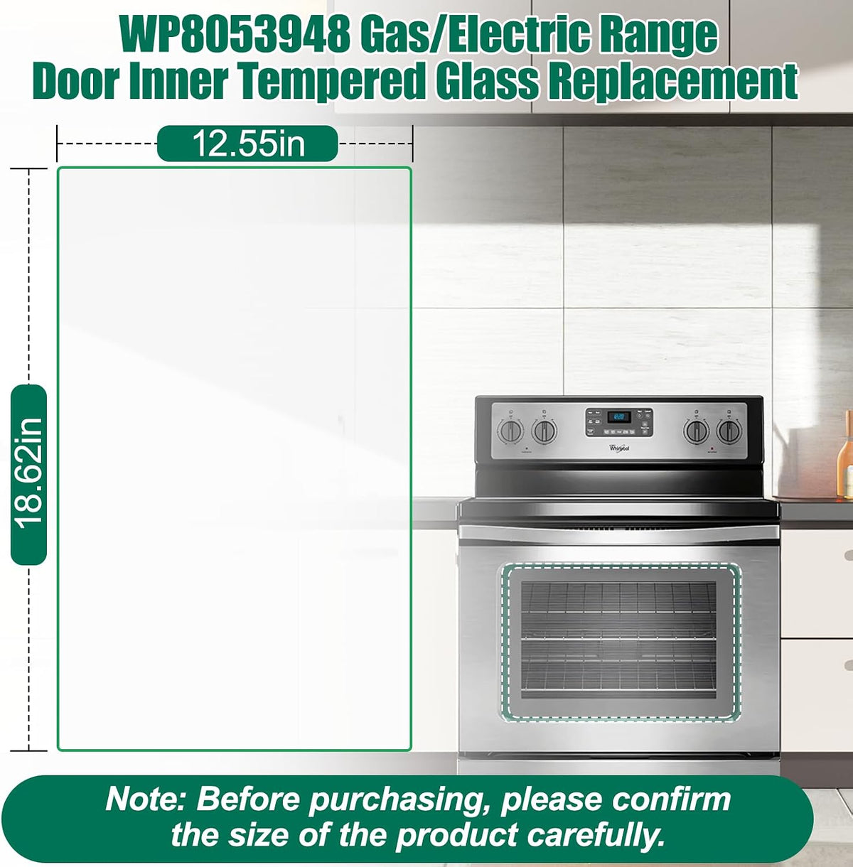 Upgraded WP8053948 Gas/Electric Range Door Inner Tempered Glass Replacement Compatible with Whirlpool Oven Stove FGS326RD0, FGS326RD1, GR440LXLB0, GR440LXLC0, Microwave Combo Replacement Parts
