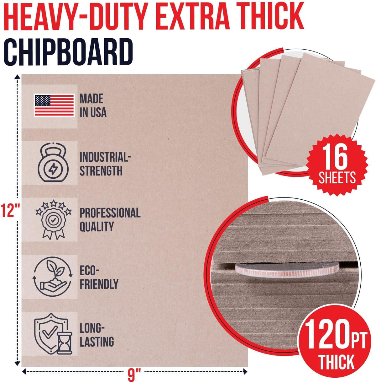 9" x 12" Kraft Pasted Chipboard Sheets, Extra-Thick 120 Pt, Bundle of 16