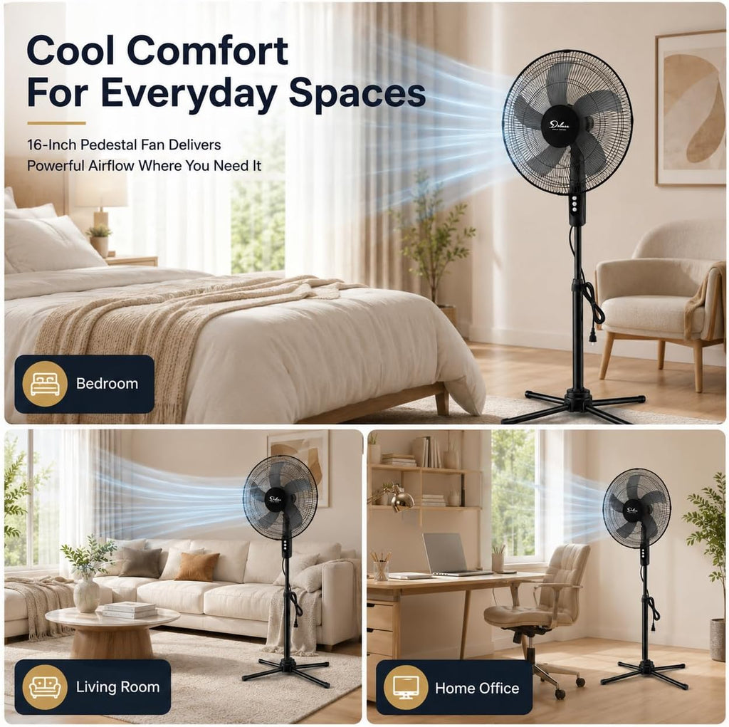 16" Oscillating Pedestal Fan for Bedroom, 3 Speed Standing Fan, Max 1350 CFM, 18ft/s Airflow, 90° Horizontal