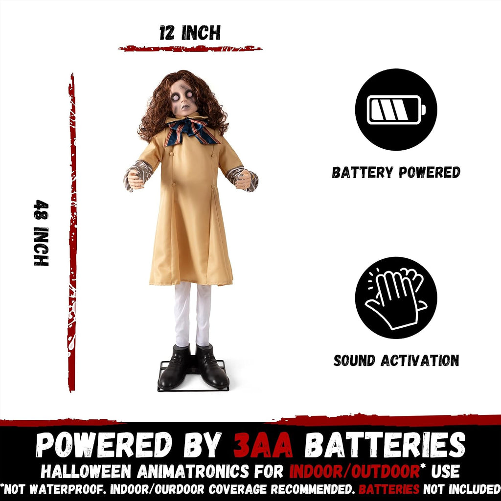 Halloween Animatronics Decorations 48inch Animated Creepy Doll with Sound Activated, Spooky Sound, Lighted LED Eyes