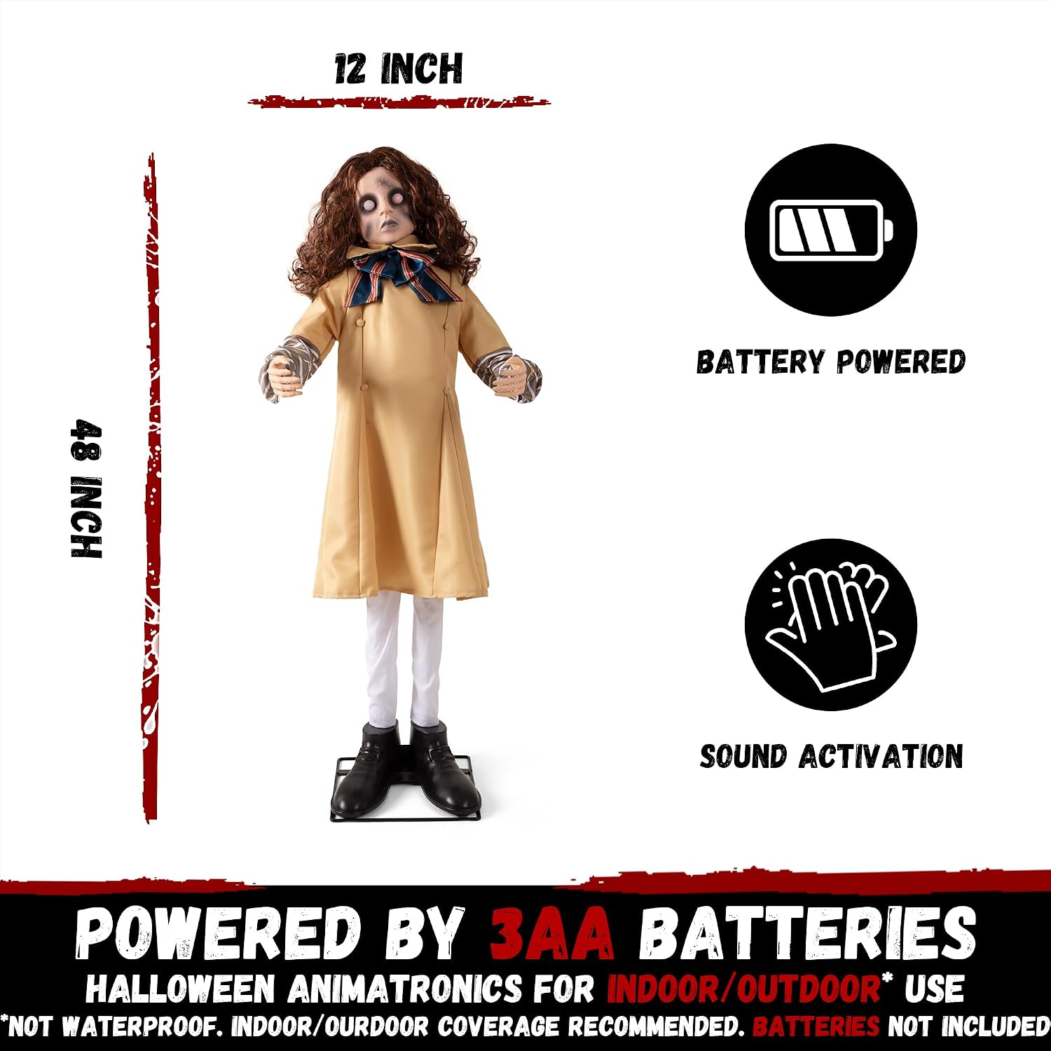 Halloween Animatronics Decorations 48inch Animated Creepy Doll with Sound Activated, Spooky Sound, Lighted LED Eyes
