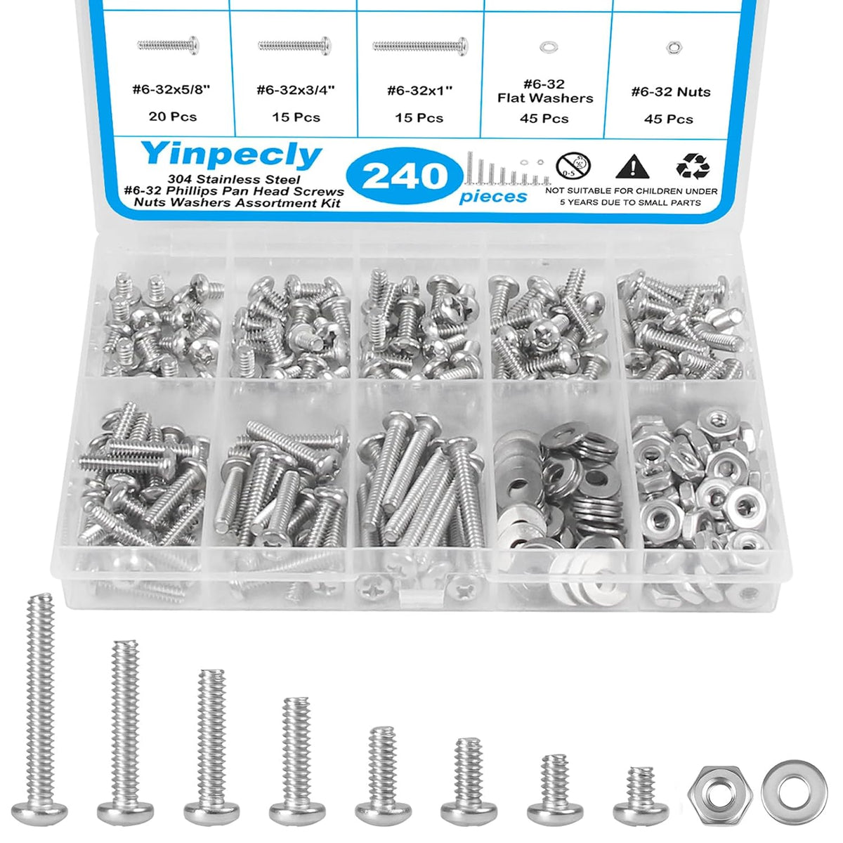 240pcs #6-32 Phillips Pan Head Machine Screws Nuts Washers Kit