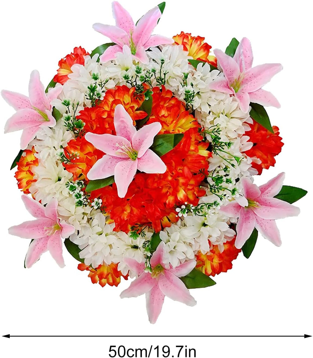 19.7In Artificial Cemetery Wreath, Artificial Funeral Wreath Silk Chrysanthemum Lilies Funeral Grave Wreaths, Spring