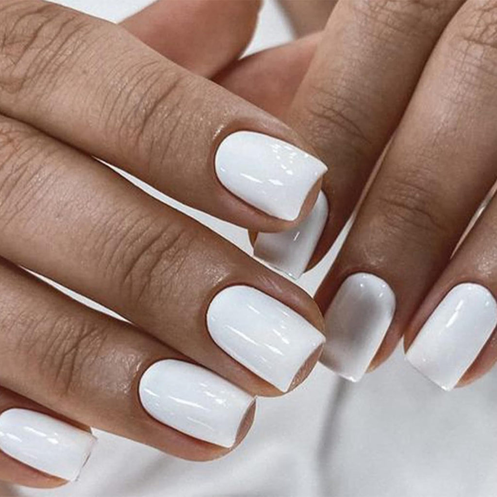 Pure White Press on Nails Short Square 32Pcs 16 Sizes Fake Nails