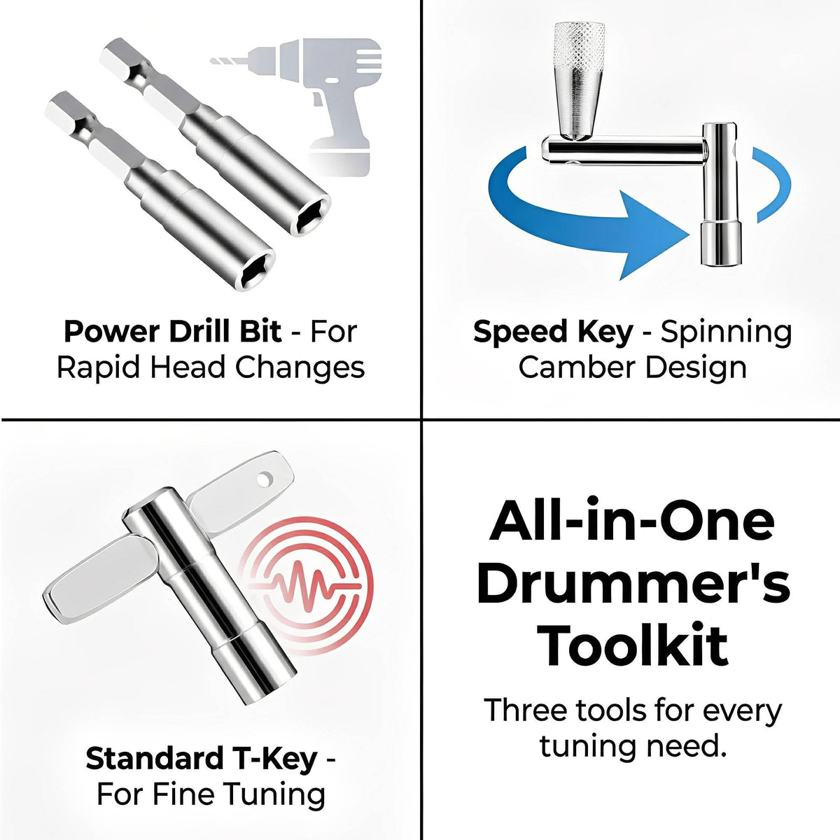 Drum Key Set with Drill Bit Adapter, Speed Standard Keys Chrome