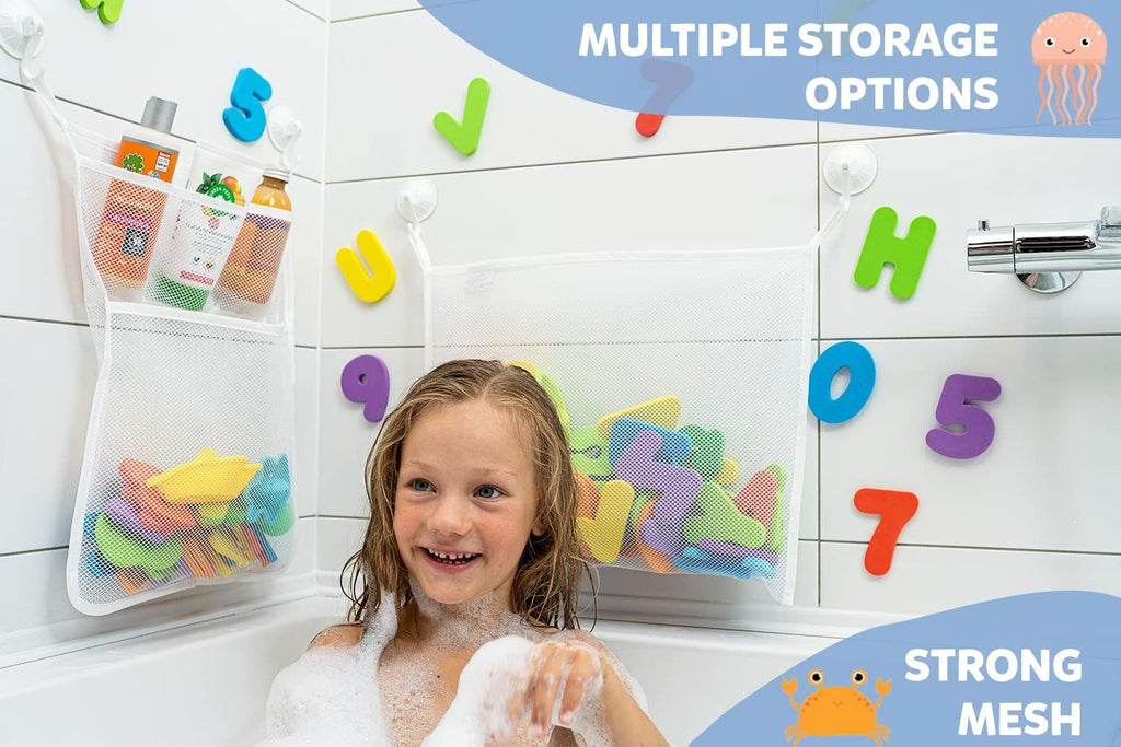 2 x Mesh Bath Toy Organizer + 8 Ultra Strong Hooks – The Perfect Bathtub Toy Holder & Bathroom or Shower Caddy –