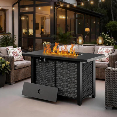 43" Propane Fire Pit Table with Glass Wind Guard & Lid, 50,000 BTU Outdoor Gas Fireplace, Weather-Resistant