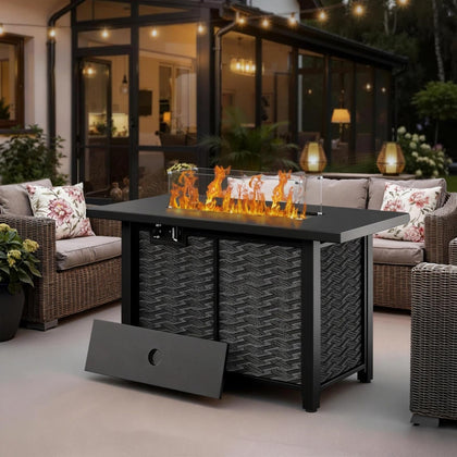 43" Propane Fire Pit Table with Glass Wind Guard & Lid, 50,000 BTU Outdoor Gas Fireplace, Weather-Resistant