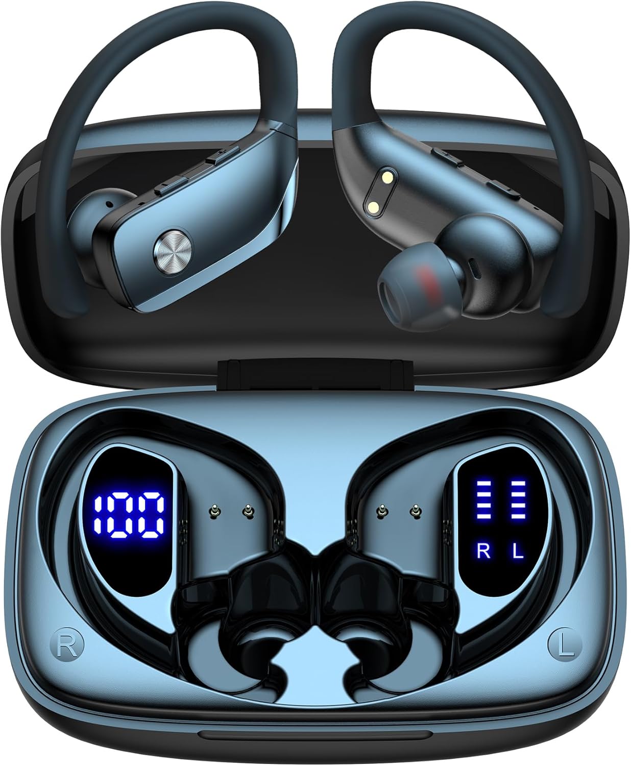 Ear Buds Wireless Earbuds Bluetooth Headphones with 80H Playtime LED Display Case, Over-Ear Hook with Mic, Stereo