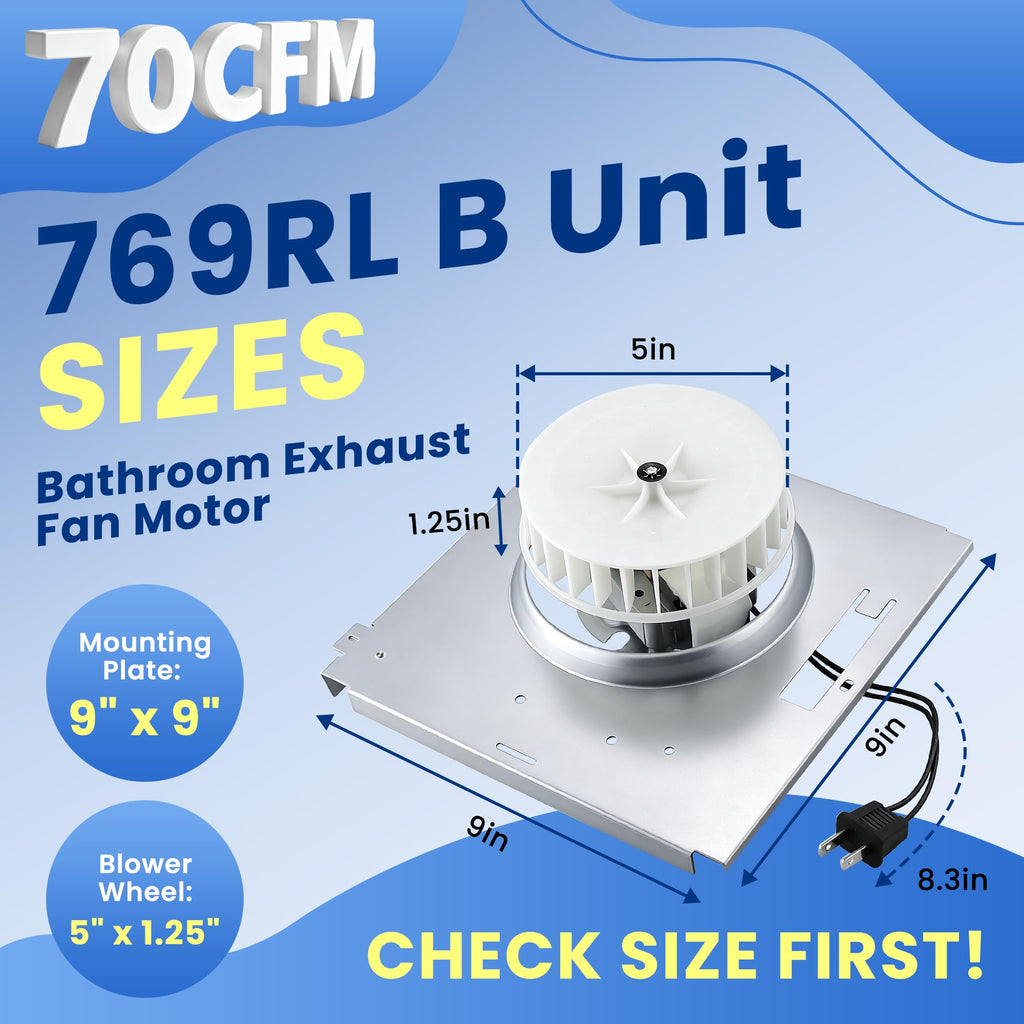 Bathroom Fan Motor Replacement for Nutone 769RL/769RL B Unit/763RL/763RLL/763RLN B Unit/85315000/S0504B000 Bathroom Exhaust Fan Motor, 2.0 Sone, 70 CFM, CCW - 9"x 9" Mounting Plate by Fetechmate