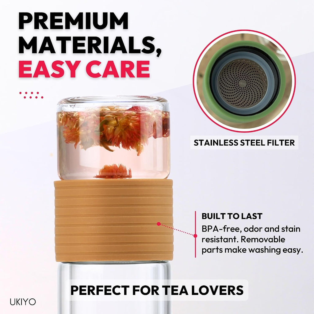 Premium Double-Wall Glass Tea & Fruit Infuser Bottle - Travel Tumbler with Stainless Steel Filter and Neoprene Sleeve