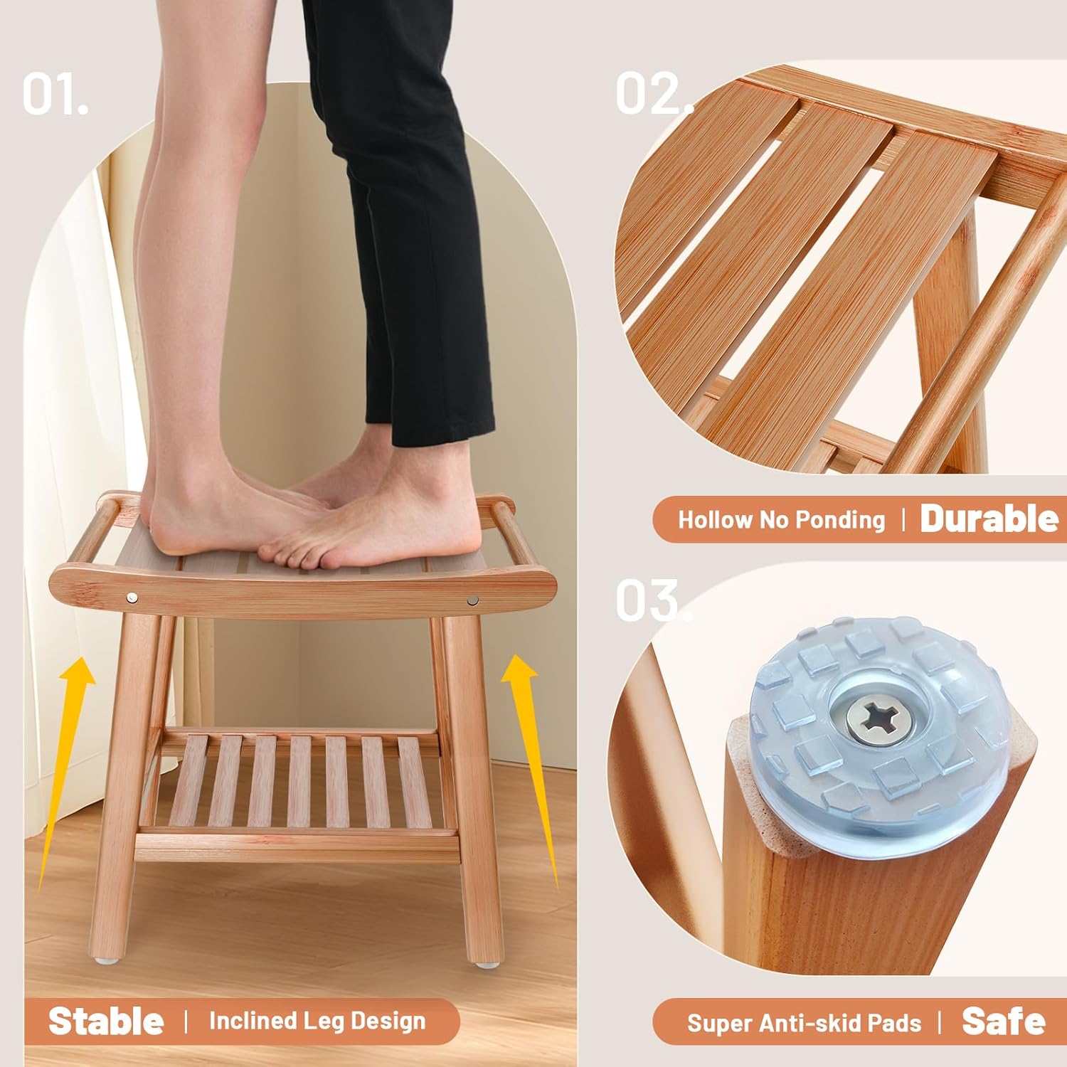Bamboo Shower Bench for Inside Shower to Sit on,Waterproof Shower Stool for Shaving Legs,Spa Bathroom Shower Chair