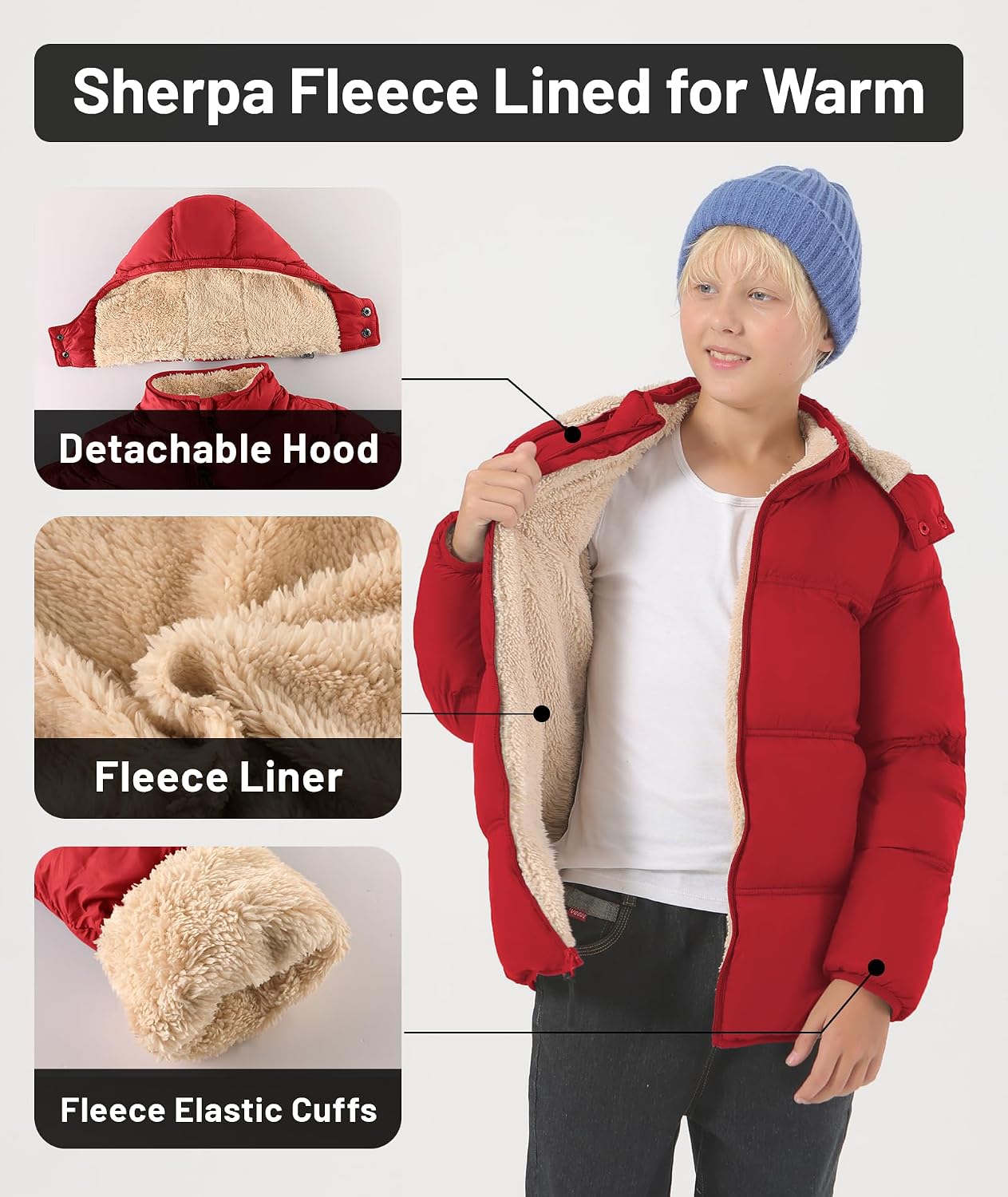 Boy's Winter Coat Thermal Puffer Jacket Warm Sherpa Fleece Lined Water-Resistant Zip Outerwear Coat with Detachable Hood