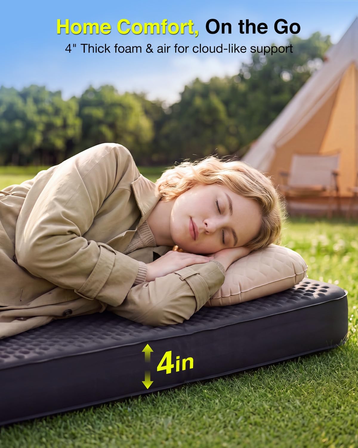 4" Self Inflating Sleeping Pad for Camping with Pillow, Electric Foam & Air Camping Sleeping Pad, 9.5 R-Value, 4