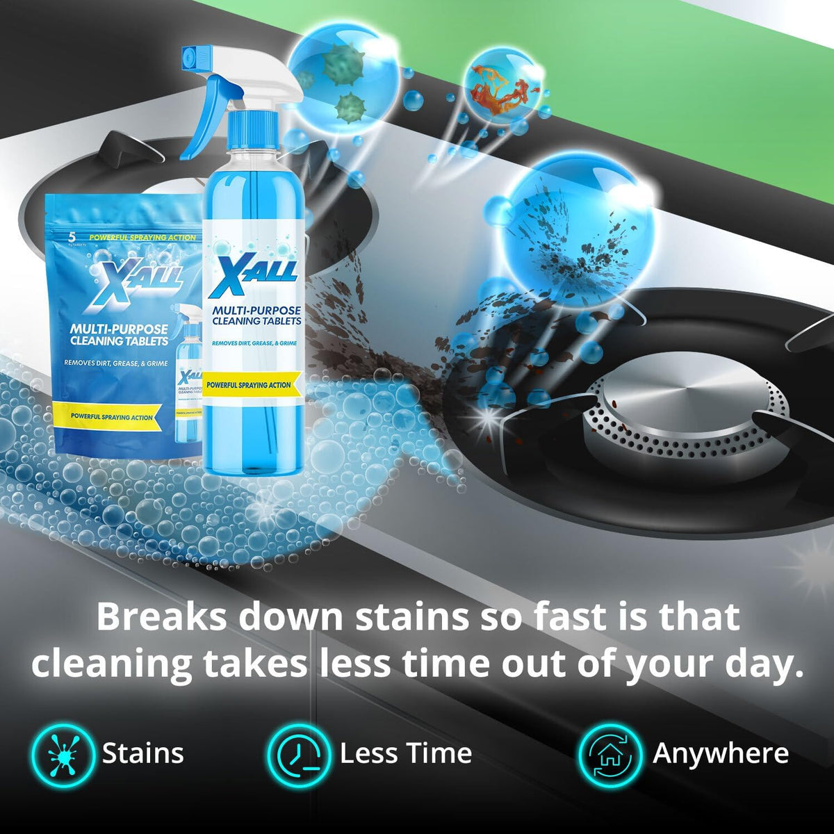 Multi-Purpose Cleaner - Spray Bottle and 5x Cleaning Tablets - Cleaner for Oven, Kitchen & Floor surfaces, and
