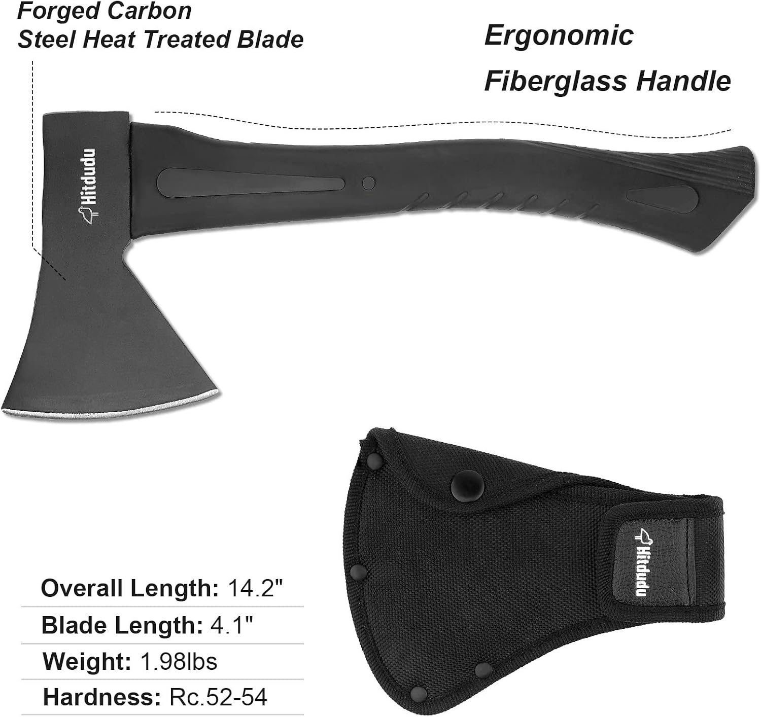 Camping Hatchet, 14" Camping Axe Throwing Axe for Outdoor Wood Splitting and Kindling, Forged Carbon Steel Heat