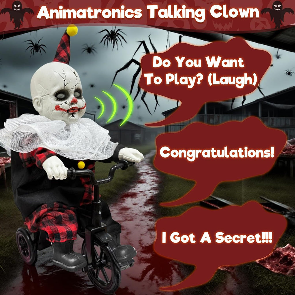 [Moving Back and Forth] Halloween Animatronic 15.5” Clown Ride on Bicycle, Sound Activated Spooky Talking Halloween