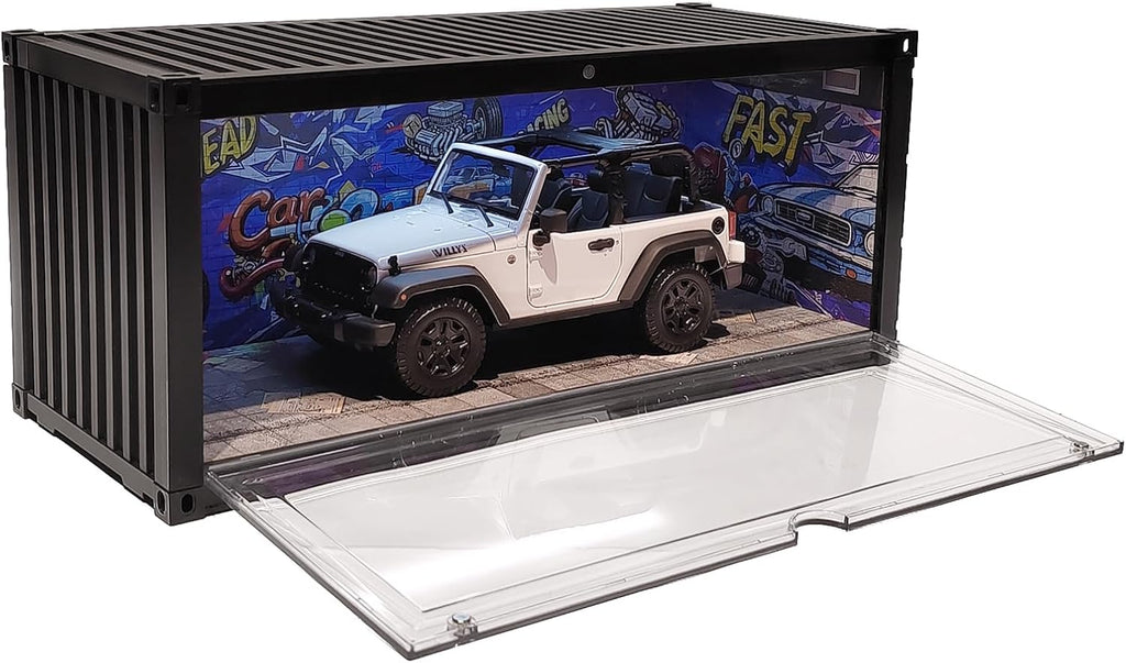 Display Case with LED Light for 1/18 Scale Model Car | Shipping Container Style Garage Diorama Show Case - Graffiti