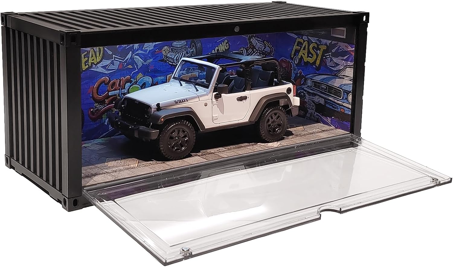 Display Case with LED Light for 1/18 Scale Model Car | Shipping Container Style Garage Diorama Show Case - Graffiti