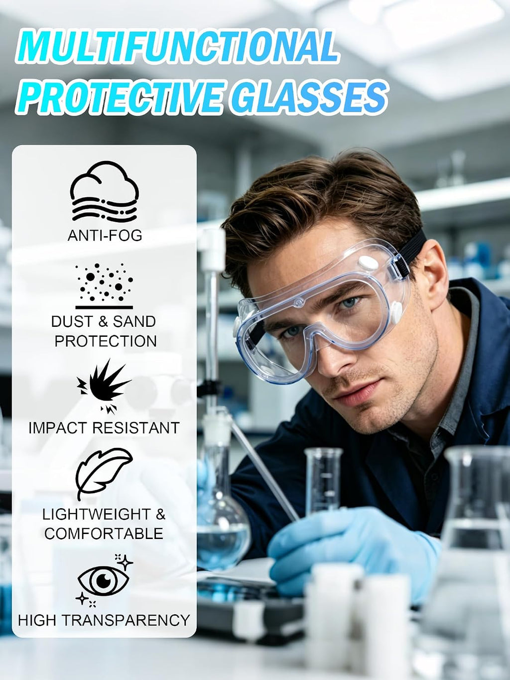 Safety Goggles Over Glasses, Anti Fog Protective Eyewear for Lab | Roomy frame fits most prescription glasses