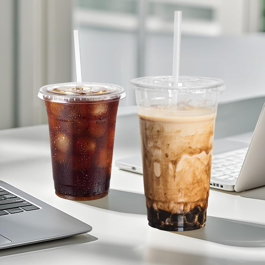 12oz Clear Plastic Cups with Lids and Straws 100 Pack
