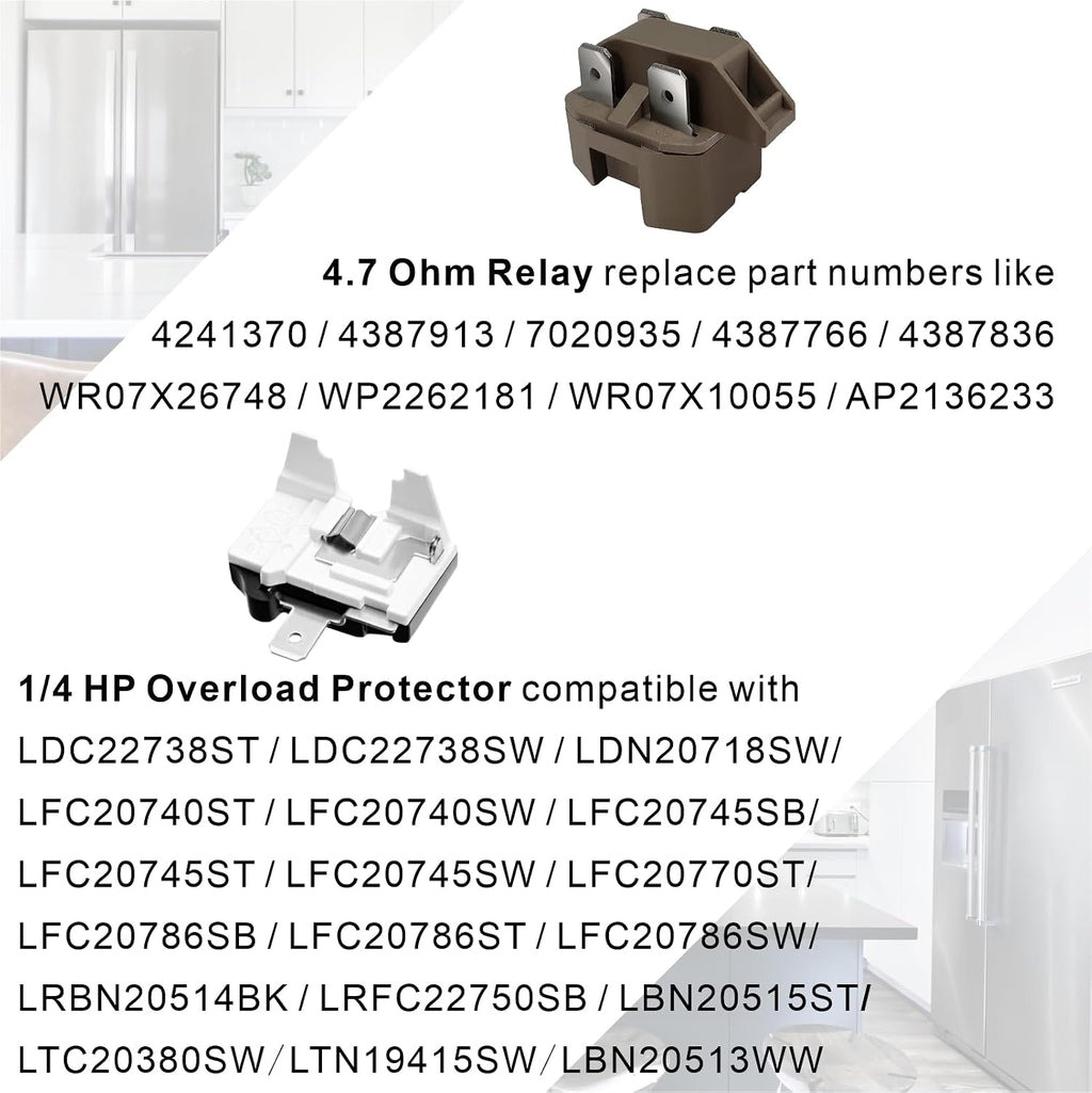 Compressor Start Relay and Overload Protector Kit for Refrigerator Freezer, Compatible with Frigidaire, Gibson, GE