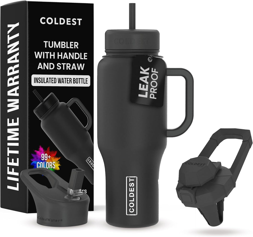 Coldest Tumbler with Handle and Straw - 100% Leak Proof Insulated Tumbler with Lid and Straw (3 Lids) - Stainless