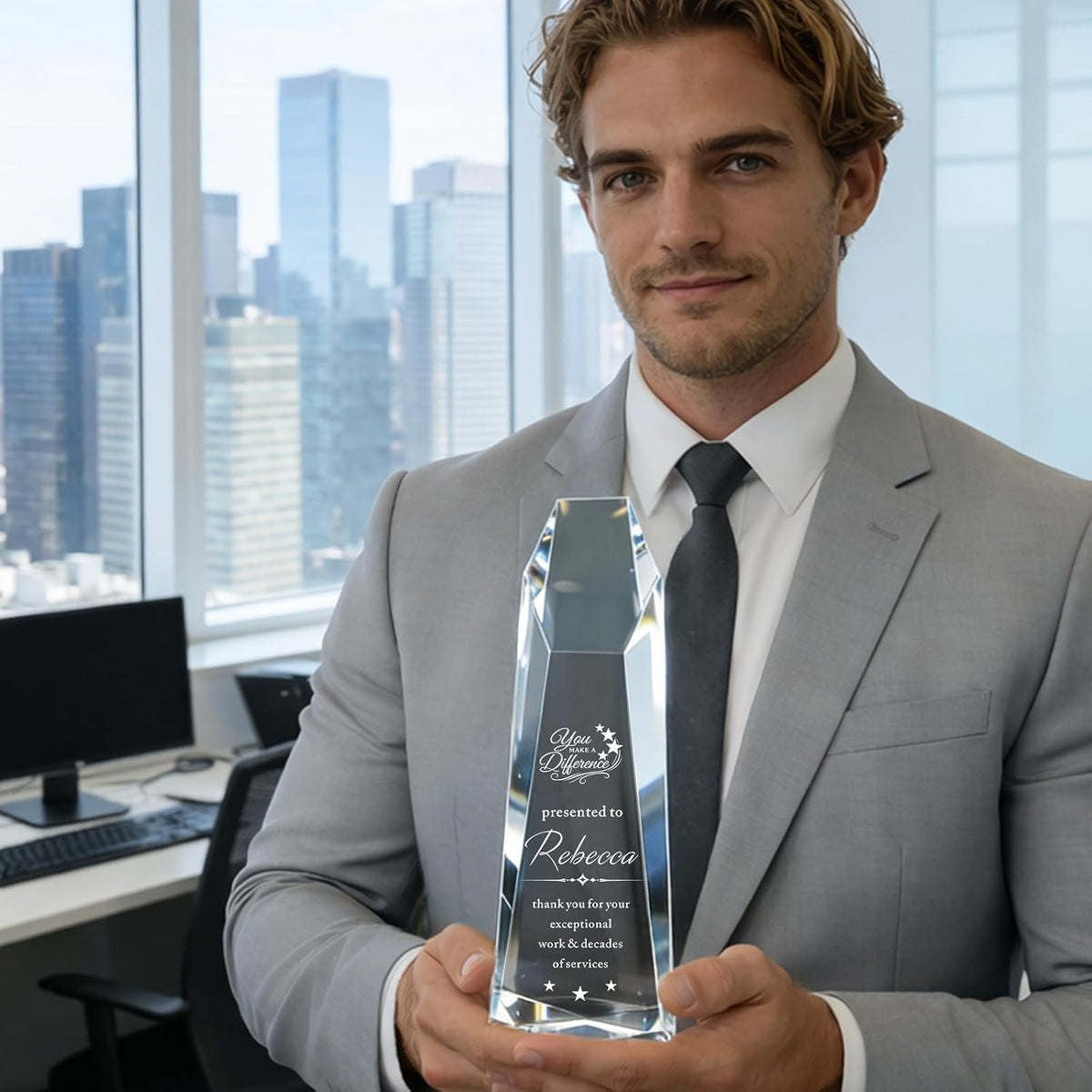 Customizable Crystal Award Trophy with Company Logo Text & Employee Name