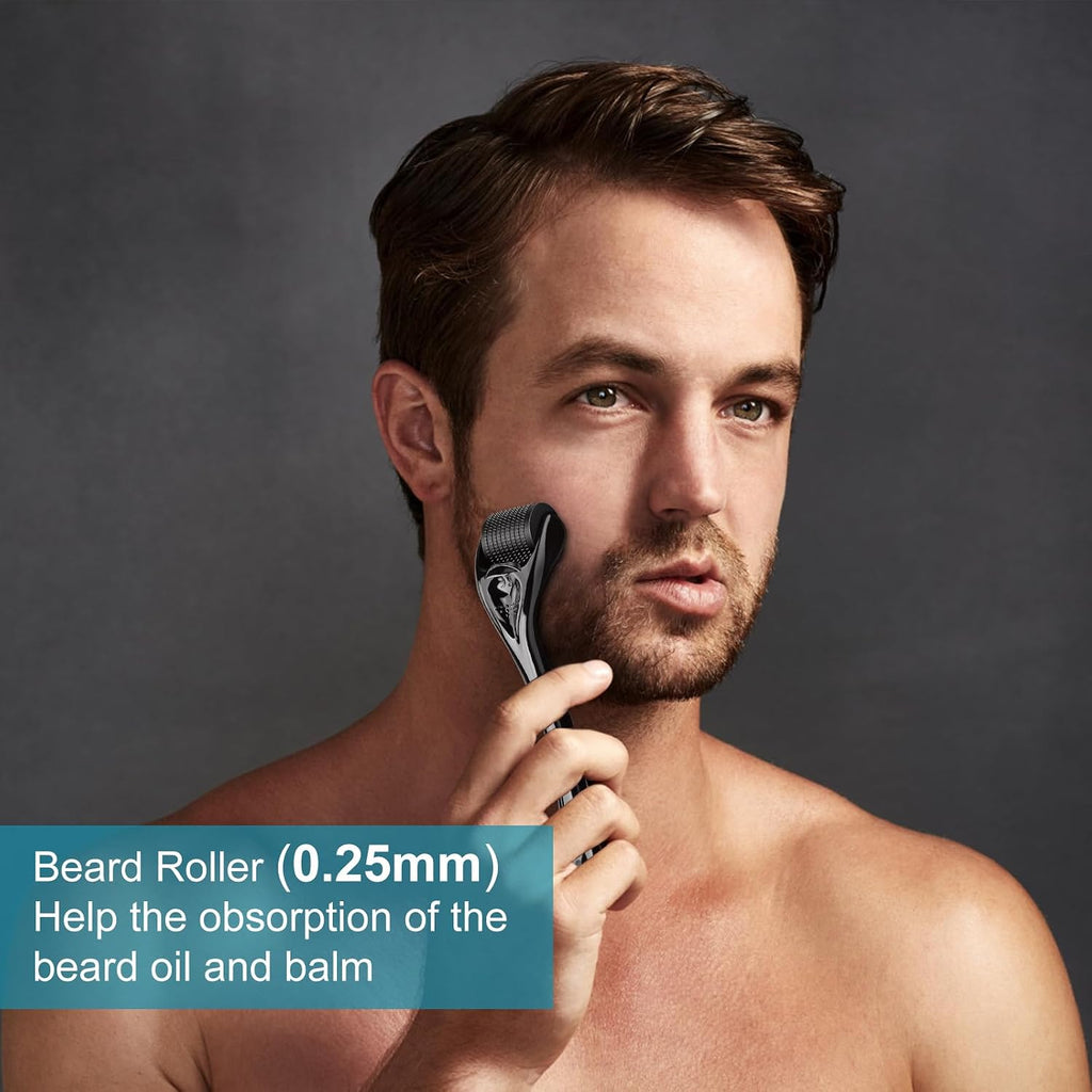 Beard Growth Kit, Beard Growth Oil (2Oz) w/Biotin & Castor Oil, Beard Massager for Patchy/Spot Beard, Beard Kit for